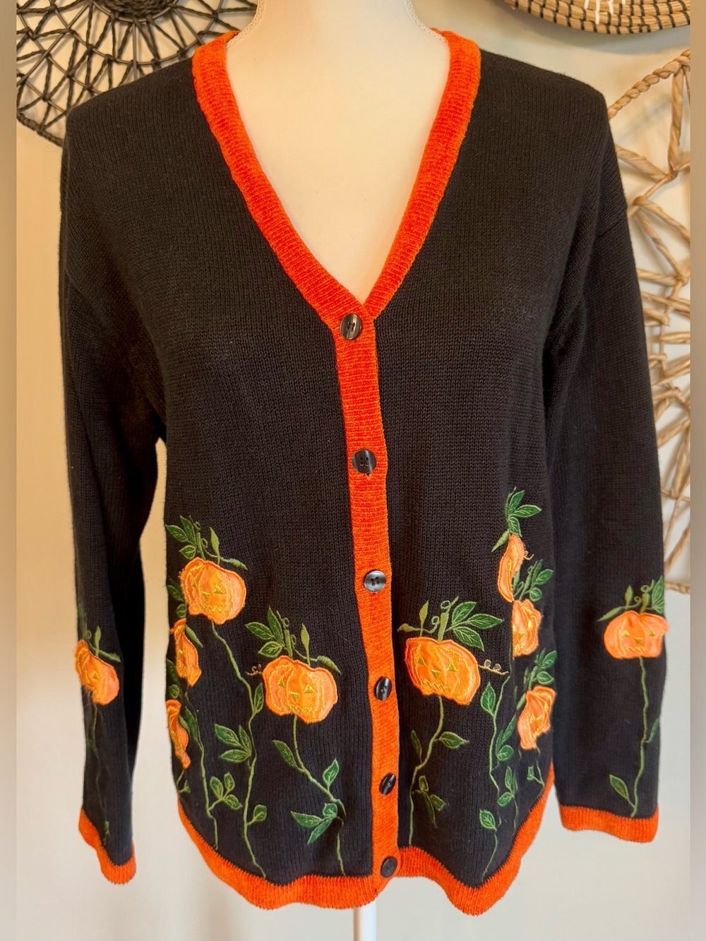 Vintage Terazzo Halloween Jack-O-Lantern Embroidered Cardigan Size M